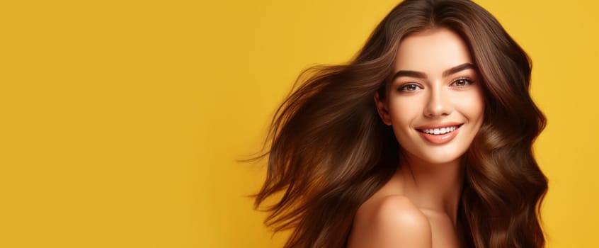 Portrait of a beautiful, sexy happy smiling woman with perfect skin and long hair, on a yellow background, banner. Advertising of cosmetic products, spa treatments, shampoos and hair care, dentistry and medicine, perfumes and cosmetology for women.