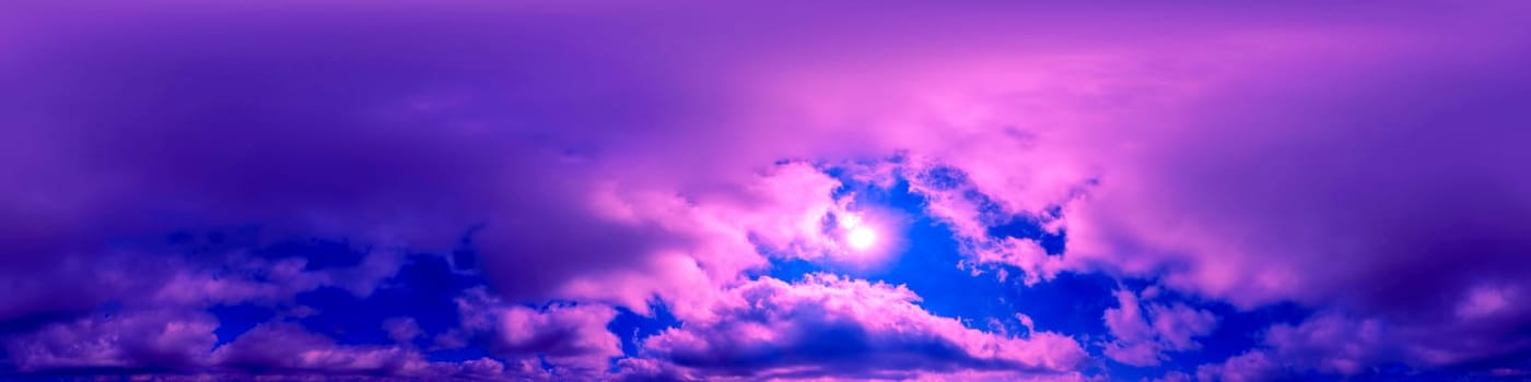 Blue sky panorama with magenta Cirrus clouds in Seamless spherical equirectangular format. Climate and weather change