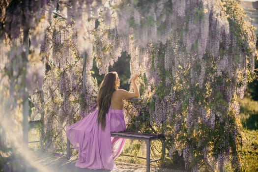 Woman wisteria lilac dress. Thoughtful happy mature woman in purple dress surrounded by chinese wisteria.