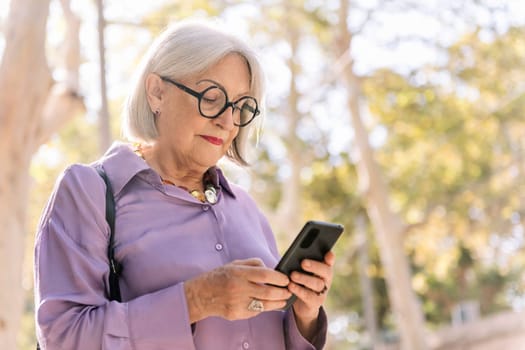beautiful senior woman using mobile phone outdoors, concept of technology and elderly people leisure, copy space for text