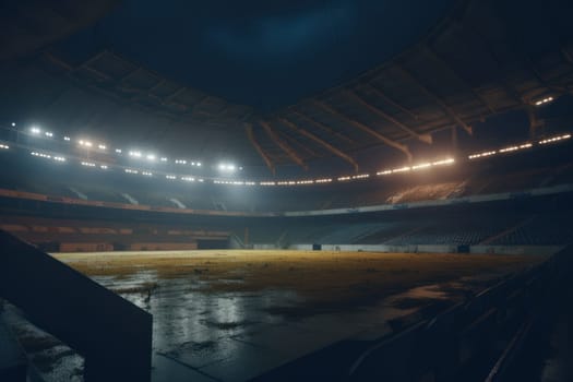 Abandonem stadium after rain. Game field. Generate Ai