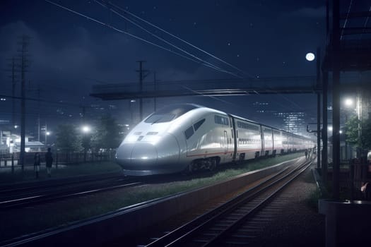 Bullet train at night station. Modern city. Generate Ai