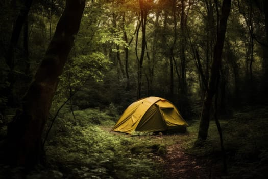 Camping forest day. Summer hiking. Generate Ai