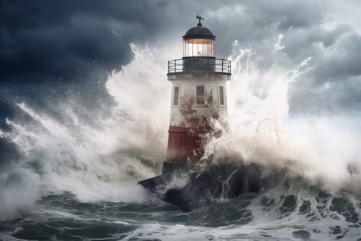 Sea storm lighthouse. Ocean wave. Generate Ai