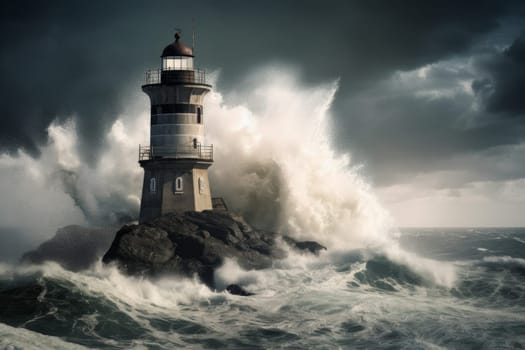 Ocean storm at lighthouse. Storm water travel. Generate Ai