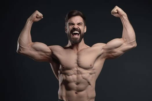 Smiling strong gym man. Muscular body. Fictional person. Generate Ai