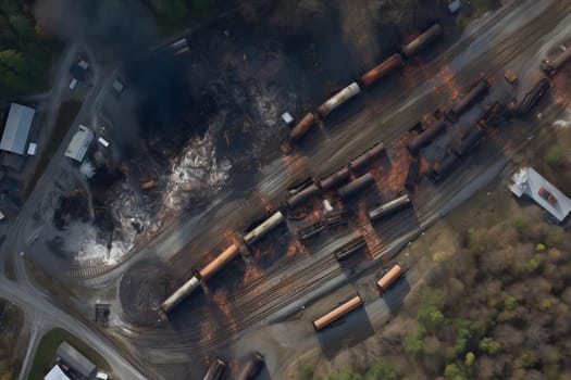 Train accident top view. Derail disaster. Generate Ai