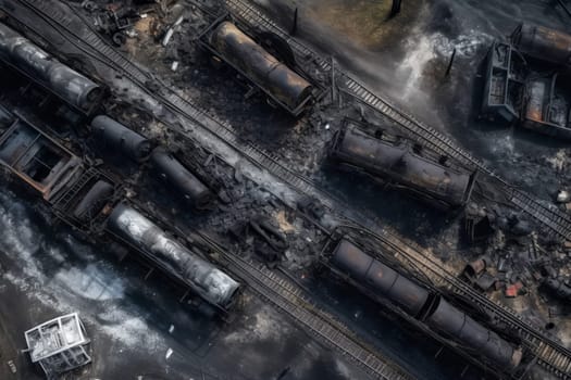 Train derailment top view. Wreck crash. Generate Ai