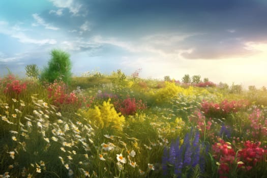 Field of wild flowers on sunset. Flora season. Generate Ai