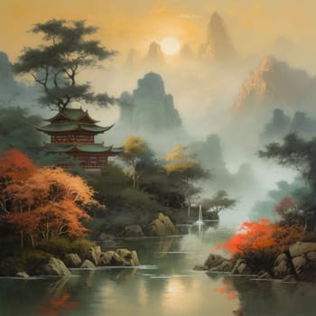 Sunset asian landscape. Forest tree beauty. Generate Ai