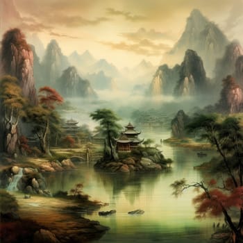 Asian landscape with lake. Forest tree. Generate Ai