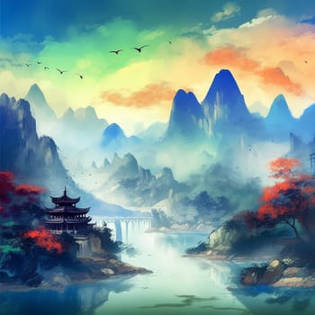 Asian watercolor landscape. Forest beauty. Generate Ai