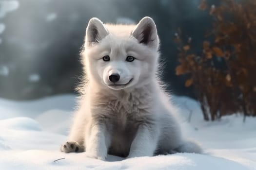 Baby wolf in snow nature. Natural wild puppy. Generate Ai