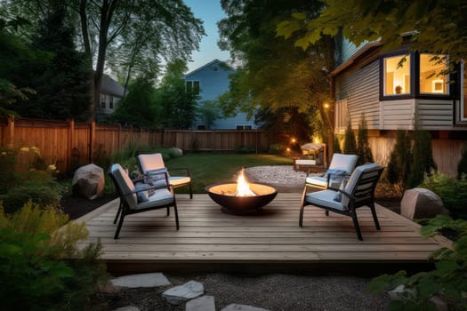 Backyard fire pit. Luxury deck design. Generate Ai