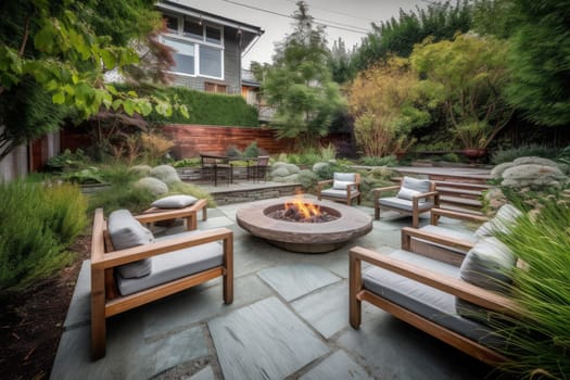 Backyard fire pit seating. Garden space. Generate Ai