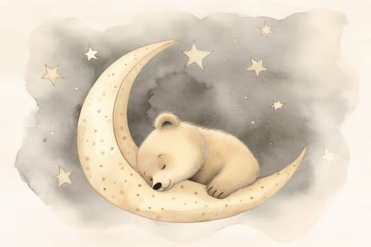 Watercolour bear sleeping. Cute baby. Generate Ai