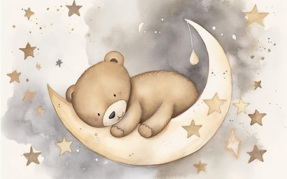 Bear sleeping on moon. Cute baby animal. Generate Ai