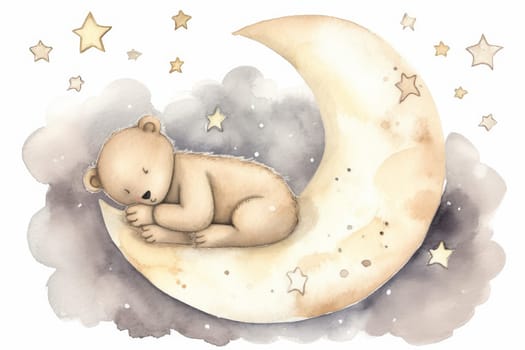 Bear teddy sleeping. Cute baby on moon. Generate Ai