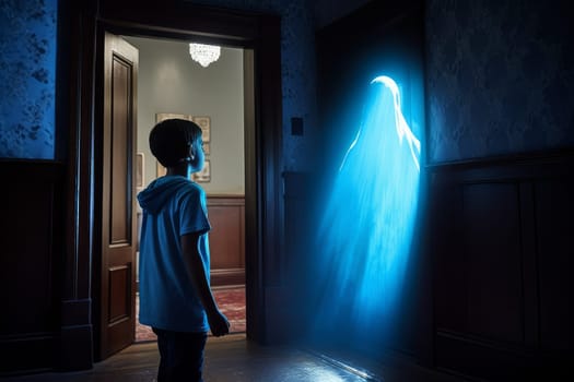 Boy saw ghost in room. Child night. Generate Ai