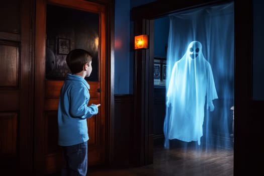 Scared boy about ghost. Comic fear. Generate Ai