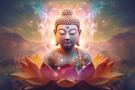 Cute Buddha in lotus flower. Meditation culture. Generate Ai