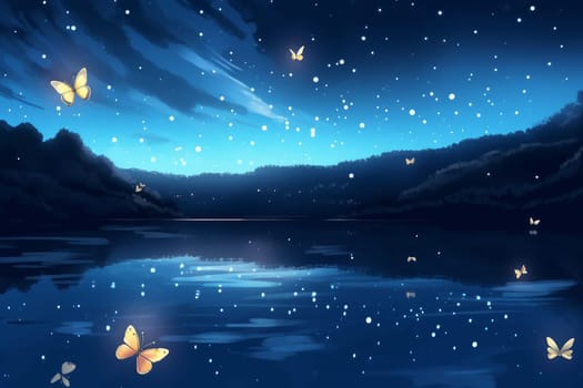 Shiny butterflies in night. Dream fantasy. Generate Ai