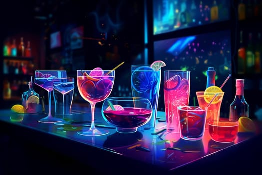 Neon night club cocktails. Food drink. Generate Ai