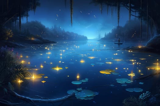 Dark night starry lights. Fantasy lake. Generate Ai