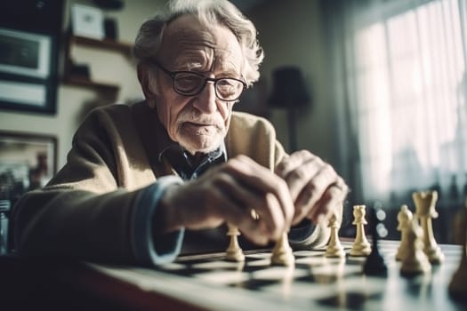 Elder man home chess. Thinking senior. Fictional person. Generate Ai