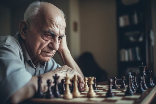 Elder man chess thinking. Senior game. Fictional person. Generate Ai