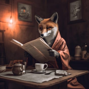 Fox read newspaper at breakfast. Cute character. Generate Ai