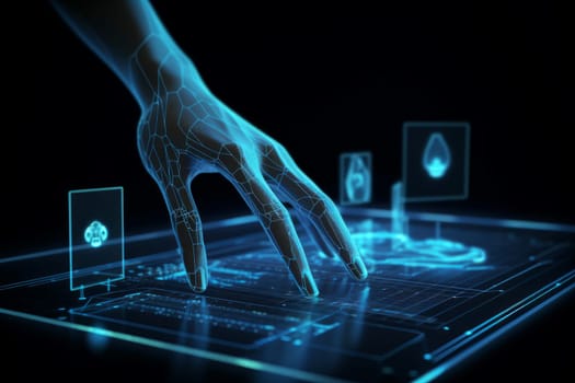Hand analyzing hologram. Online business. Generate Ai