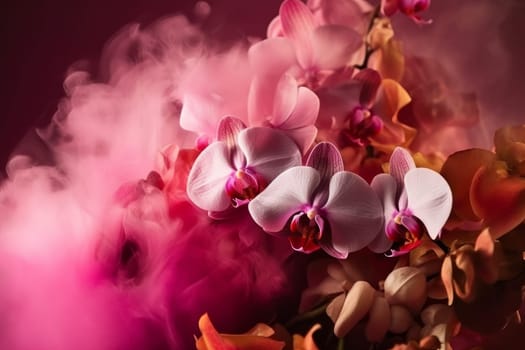 Orchids flower smoke. Bloom petal. Generate Ai