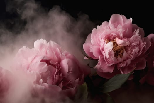 Peony flowers in smoke. Fresh floral. Generate Ai