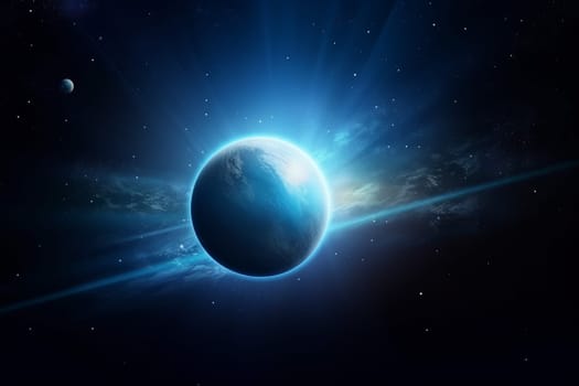 Planet in light. Blue universe light. Generate Ai