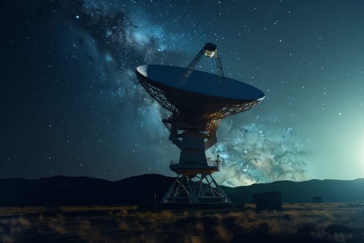 Satellite antenna in sky. Space system. Generate Ai