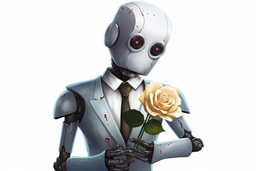 Robot with pastel rose. Science android. Generate Ai