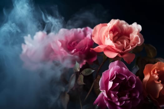 Rose flowers in smoke. Spring garden. Generate Ai