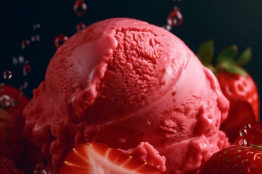 Strawberry ice cream closeup. Frozen food. Generate Ai