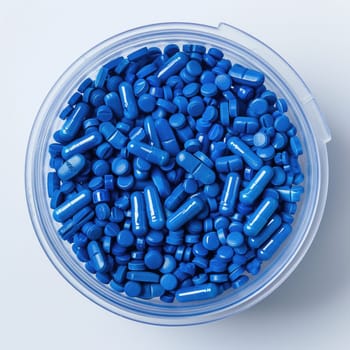 Medical background with pills and test tube, top view. Blue tone. ai generated
