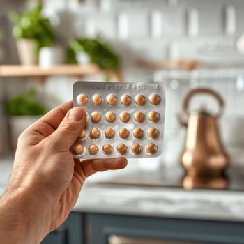 Male hand holding pill blister pack lying on kitchen counter. ai generated