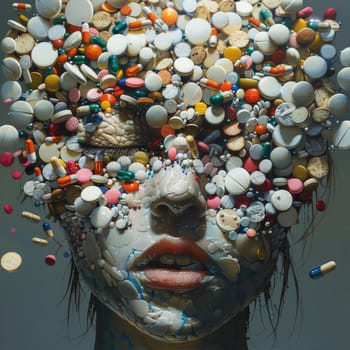 Stop bad habits. The abstract alcohol, falling tablets, pills. Woman face with lots of pills. ai generated