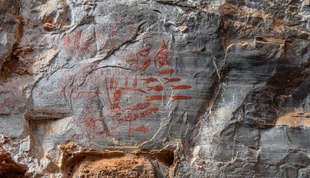 Ancient cave art depicts figures and animals, illustrating early human creativity.