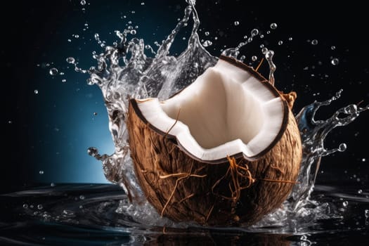 Cracked coconut. White tropical liquid. Generate Ai