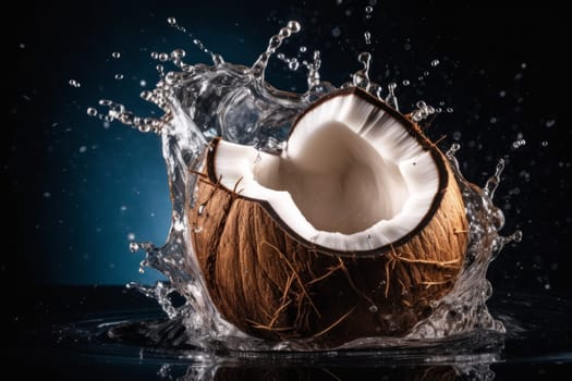 Cracked water coconut. Fruit liquid. Generate Ai