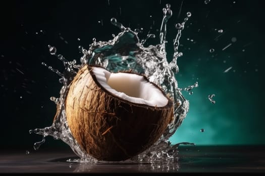 Cracked water cinematic coconut. Fruit liquid. Generate Ai