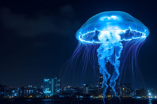 Glowing blue jellyfish UFO over night city. Neural network generated image. Not based on any actual scene or pattern.