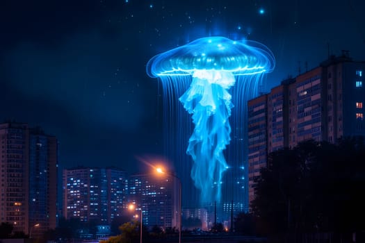 Glowing blue jellyfish UFO over night city. Neural network generated image. Not based on any actual scene or pattern.