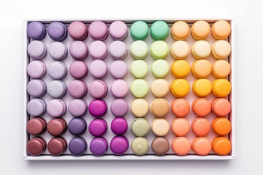 Colorful french macarons. Pink bakery box. Generate Ai