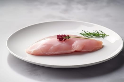 Fresh raw chicken fillet on plate. Top protein. Generate Ai
